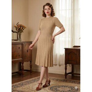 Vintage 40s 50s Beige Wool Boucle Knit Dress Pleated Skirt Mid-Century Medium M